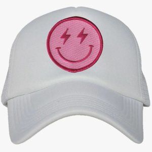 HOT PINK LIGHTNING HAPPY FACE TRUCKER HAT [WHITE]